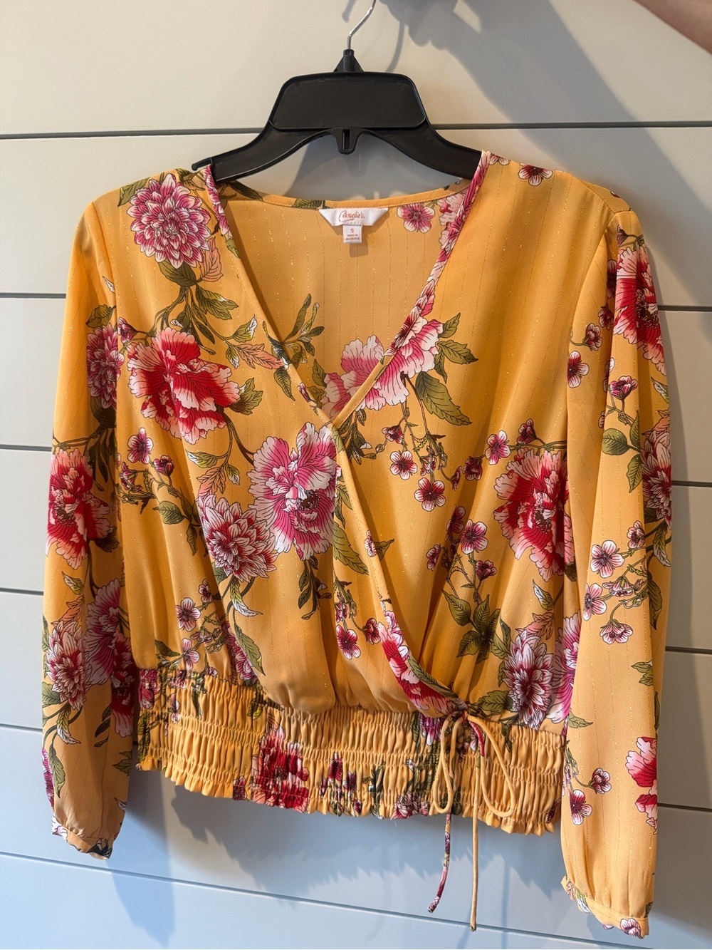 Candie's Mustard Floral Wrap Blouse